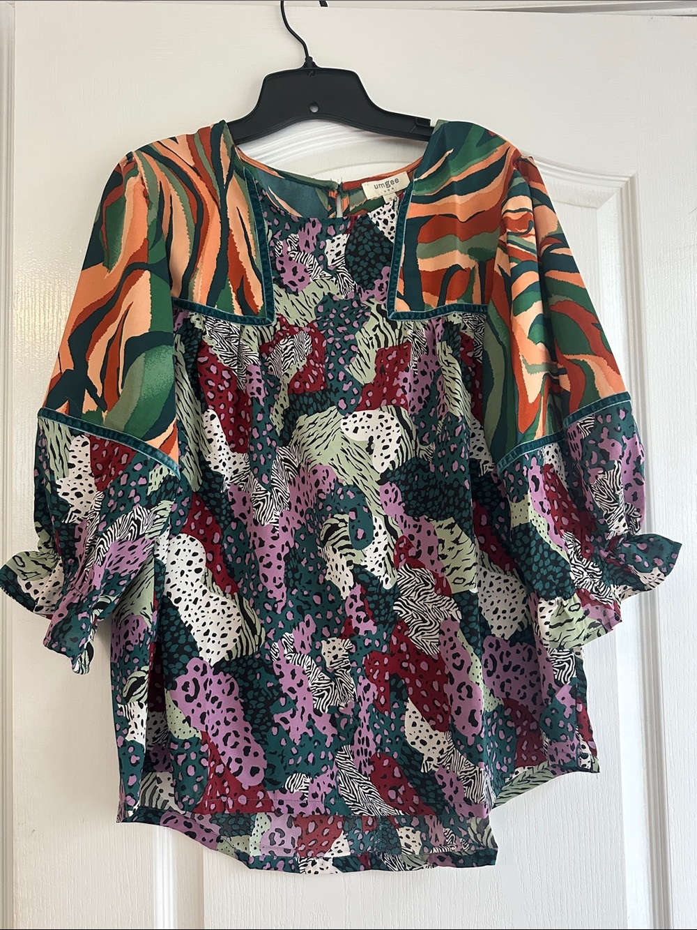 Umgee Multicolor Printed Peasant Blouse - Green, Purple & Orange
